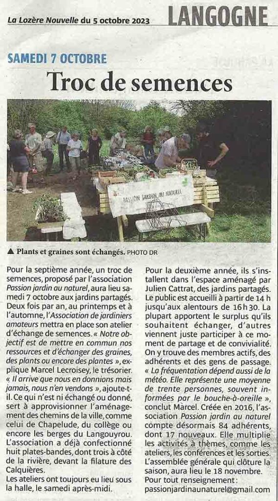 Article de La Lozère Nouvelle en date du 05 octobre 2023 - consacré au troc de plants, graines et plantes d'automne du samedi 07 octobre