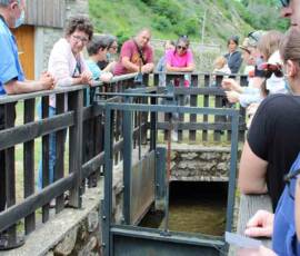 Visite du moulin de Masmejean le dimanche 27 juin 2021 - Le groupe à l'écoute sur maniement de la vanne